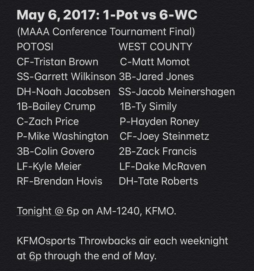 KFMOsportsBase's tweet photo. ⚾️KFMOsports Throwback #12 airs tonight @ 6p on AM-1240, KFMO.
It’s our 2nd week under the theme ‘Conf. T. Championships’; this one is the May 6, 2017 title match as 1-Potosi met 6-West County. 
@STLhssports @Potosi_Baseball @Potosi_Trojans @westcor4 @bubbamc222 https://t.co/37ugJwnxHh