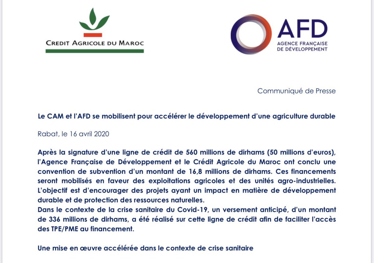 Dans le contexte de la crise sanitaire #Covid_19, après la signature d’une ligne de crédit de 560 M Dh, l’<a href="/AFD_France/">Agence Française de #Développement (AFD) 🇫🇷 🇪🇺</a> le <a href="/CreditAgricole/">Crédit Agricole</a> du #Maroc ont conclu une convention de subvention de 16,8 M Dh en faveur des exploitations agricoles et des unités agro-industrielles.