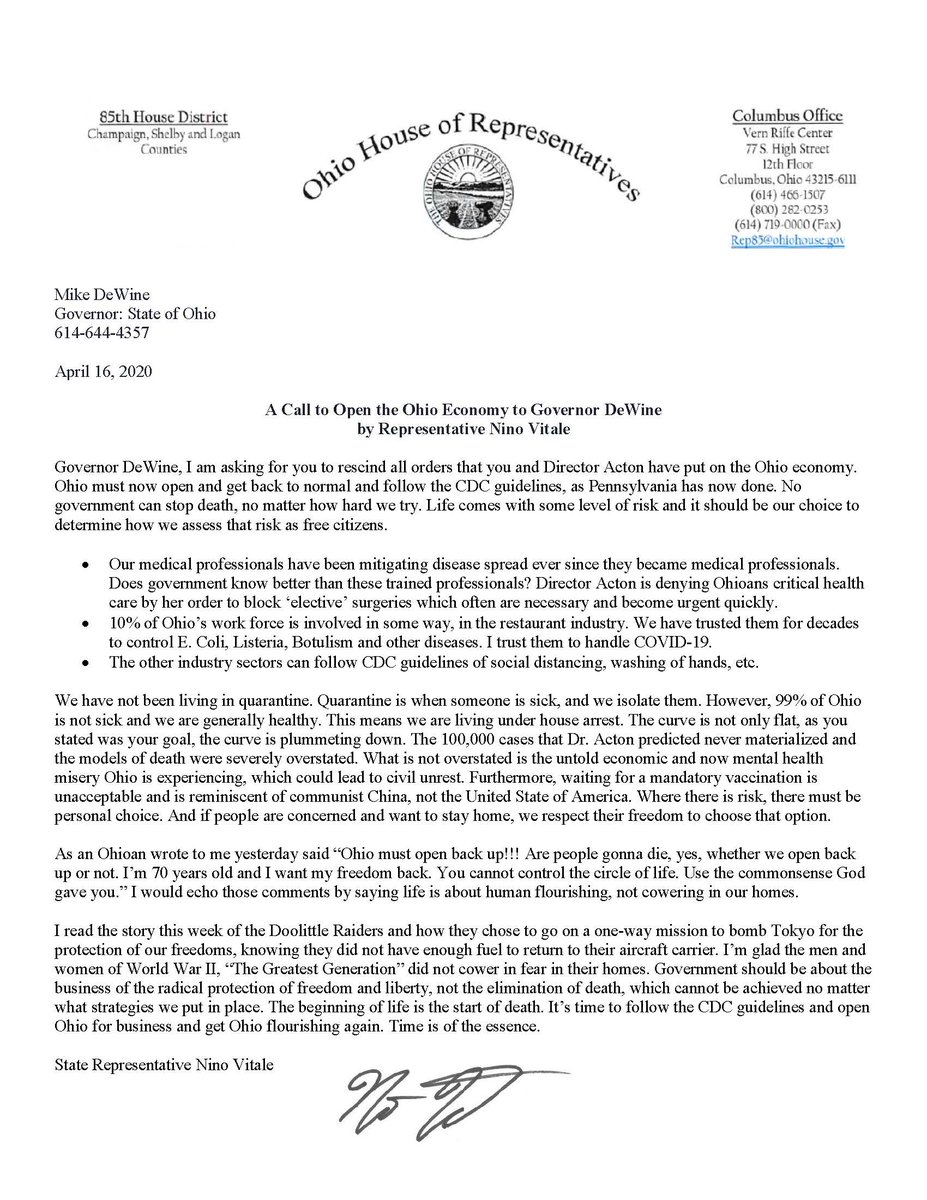 Governor DeWine, I am asking for you to rescind all orders that you and Director Acton have put on the Ohio economy. Ohio must now open and get back to normal and follow the CDC guidelines, as Pennsylvania has now done.