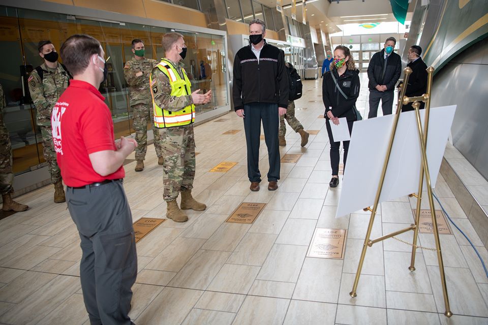 Yesterday, <a href="/GovDunleavy/">Governor Mike Dunleavy</a> stopped by the alternative care site transformation here at the AAC. Thanks for stopping by, Governor! Stay safe, healthy, and home AAC Fans! We look forward to seeing you all soon 💚💛 Check out our latest FB post with the details! #AnchorageStrong