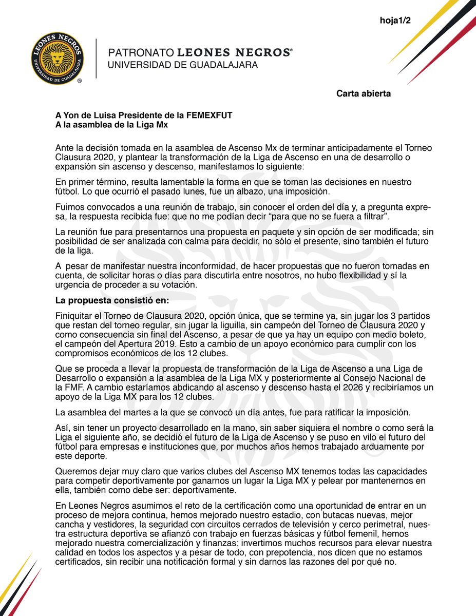 AlbCastellanos's tweet photo. "El fútbol es de la gente..."
Carta Abierta a Yon de Luisa, a la Asamblea de la Liga MX y a la afición en general: https://t.co/CBcrum1JvG