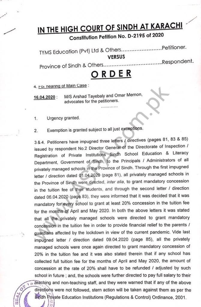 ASPA_Official's tweet photo. A DB of Sindh Highcourt granted stay to private institutions in #Sindh on the direction given by Directorate Registration/ Inspection Private Institutions of 20% fee reduction for the months of Apr &amp; May 2020.
Stay order continues till next hearing which is scheduled for 22nd Apr https://t.co/lrjUC6tfUv