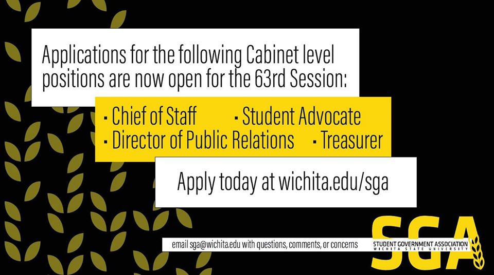 WichitaStateSGA's tweet photo. Hey Shockers! With the 63rd Session coming up, there are open Cabinet, Senate Leadership, and Supreme Court Justice positions open! Apply today at https://t.co/yrWYTwEOCo
#WichitaStateSGA
#Roadto63 https://t.co/UWrSXc9Scm