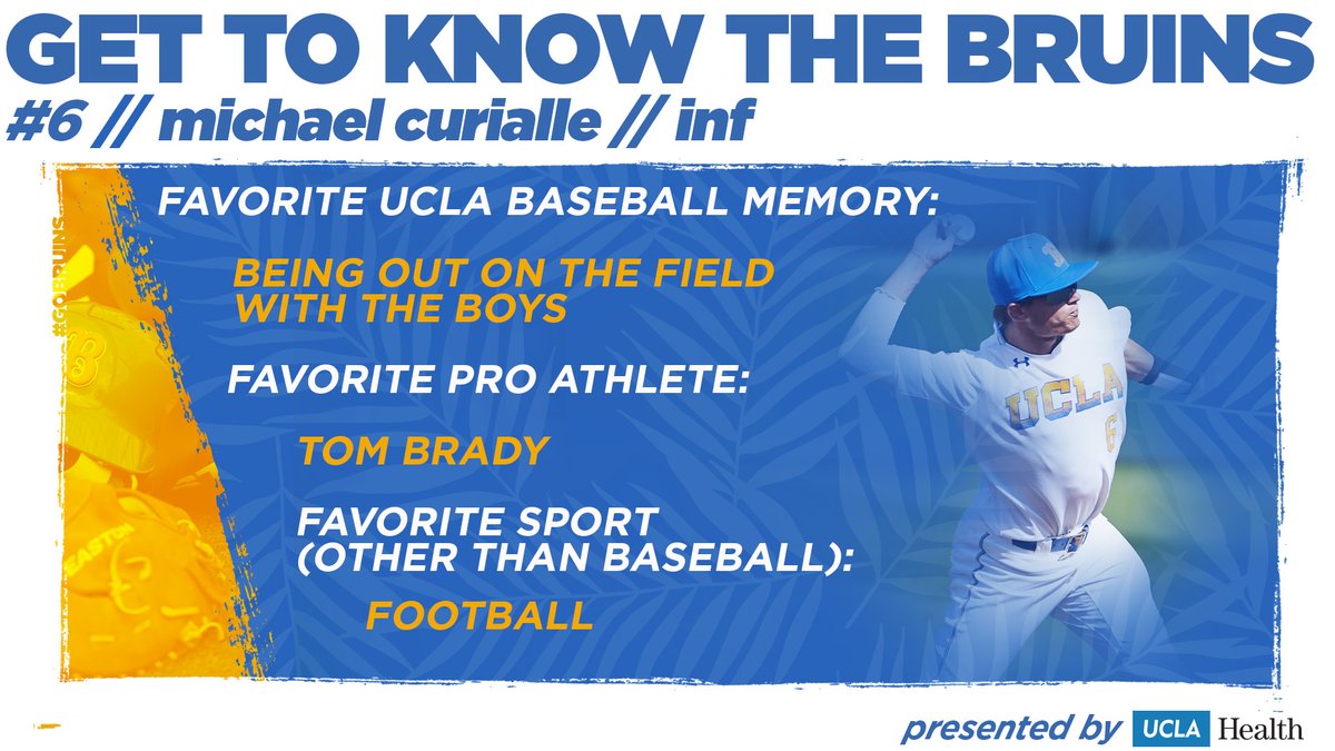 Next up in our Get to Know the Bruins series, presented by UCLA Health, is Michael Curialle. 

The freshman phenom was UCLA's Opening Day starter at second base and went on to bat .325 with a pair of homers. 

We all play for #TeamLA!

#GoBruins