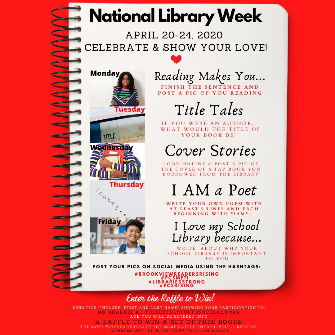 School Libraries Matter and LIBRARIANS are the Original SEARCH ENGINES, so refer to us daily!! Please check out these National Library Week activities from April 20-24 and show us your LIBRARY LOVE!!! @BESPandaWallace <a href="/FCSSuptLooney/">Dr. Mike Looney (Official Acct)</a> <a href="/fcsmeti/">Kevin Robinson</a> #fcsrising #LibrariesStrong