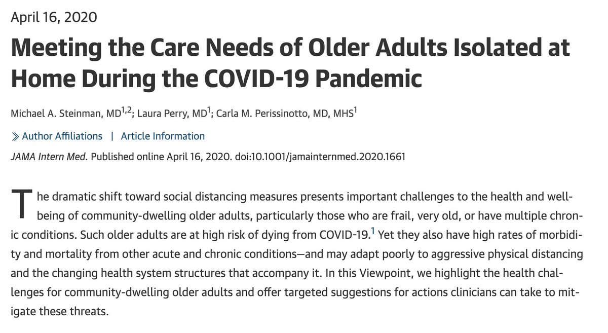 Caring for older adults isolated at home during the COVID-19 pandemic - key challenges and what we can do to address them. Our viewpoint in @JAMAInternalMed: jamanetwork.com/journals/jamai… @LPerrytheGeriMD @DeprescribeUS @UCSFGeriatrics @geri_doc @wassdoc @AmerGeriatrics /1