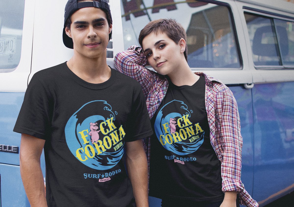 TheSurfRodeo's tweet photo. CORONA VIRUS! Shirts now available! https://t.co/XBiTBuXCyH 
#SurfRodeo #Quarantine #FCoronaVirus #StayHome #AloneTogether https://t.co/QG1iaTXJCb