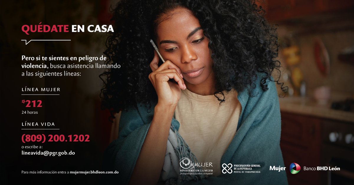 BancoBHD's tweet photo. Quédate en casa. Pero si te sientes en peligro de violencia, pide ayuda a través de las líneas de asistencia.
.
Conoce más accediendo al siguiente enlace: https://t.co/UZDrEKGeBw
.
#MujerBHDLeón #MujerSinViolencia https://t.co/aw2Sql42um