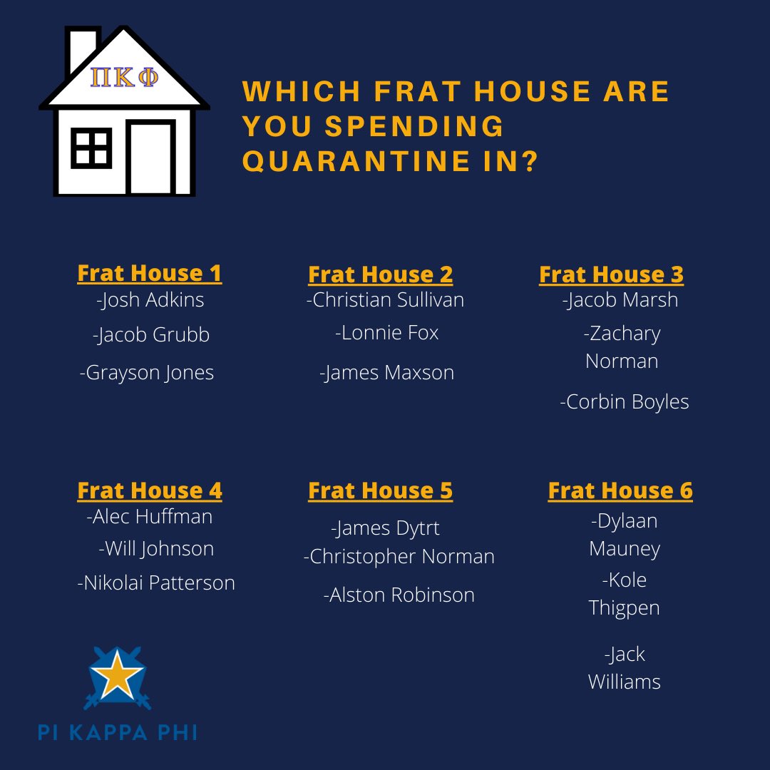 PiKappaPhiLRU's tweet photo. Your move 😎 
Comment which fraternity house you would quarantine in the most! 
(All houses were chosen at random)
#GoBears #PiKappaPhi #Quarantine https://t.co/dblYMx3Uav