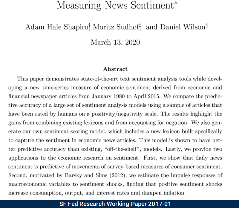 sffed's tweet photo. Updated #WorkingPaper from #SFFedResearch: Measuring News Sentiment by Adam Hale Shapiro, Moritz Sudhof, and Daniel Wilson https://t.co/GwRqRWdaxc #EconTwitter #NewsSentiment #EconomicSentiment #SentimentShocks #TextSentimentAnalysis #SentimentAnalysisModels https://t.co/VSfJXBsyZH