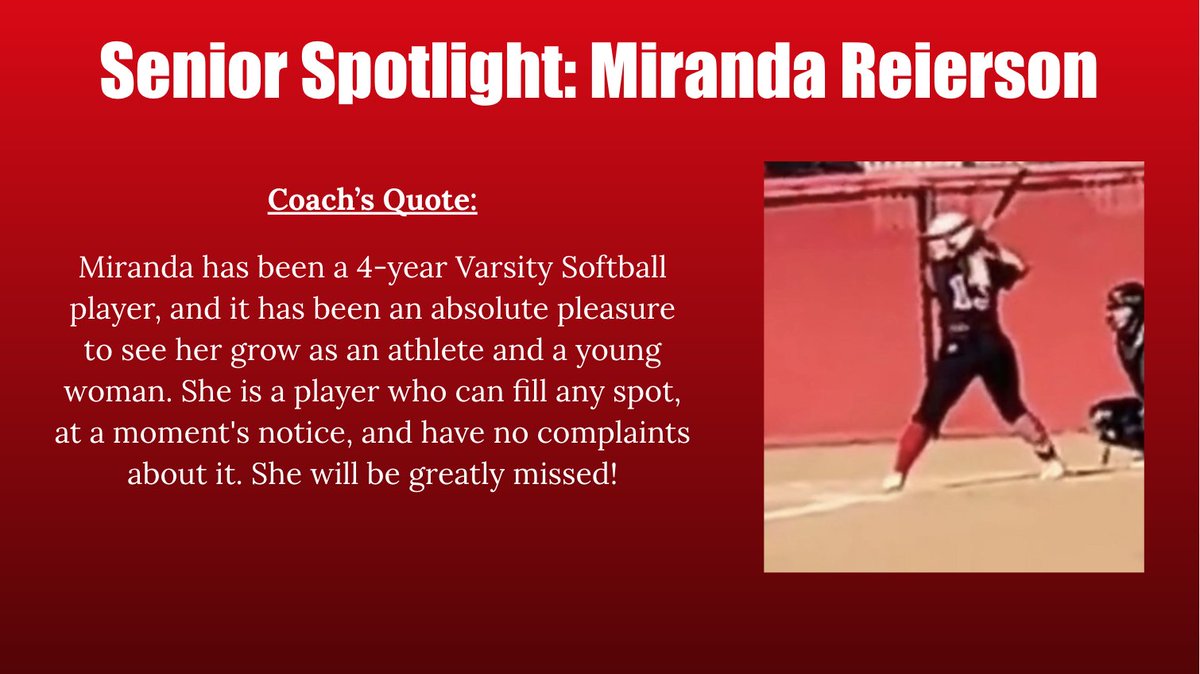 Eisenhower Cardinals Athletics (@ikecardinals) on Twitter photo 1/2 TODAY! *SENIOR SPOTLIGHT* Miranda Reierson, Varsity Softball. Good luck next year, Miranda! We're proud of you! GO CARDS! #DDExcellence <a href="/DDEcardinals/">Eisenhower H.S.</a> <a href="/DDESoftball/">IkeSoftball</a> 1/2 TODAY! *SENIOR SPOTLIGHT* Miranda Reierson, Varsity Softball. Good luck next year, Miranda! We're proud of you! GO CARDS! #DDExcellence <a href="/DDEcardinals/">Eisenhower H.S.</a> <a href="/DDESoftball/">IkeSoftball</a>