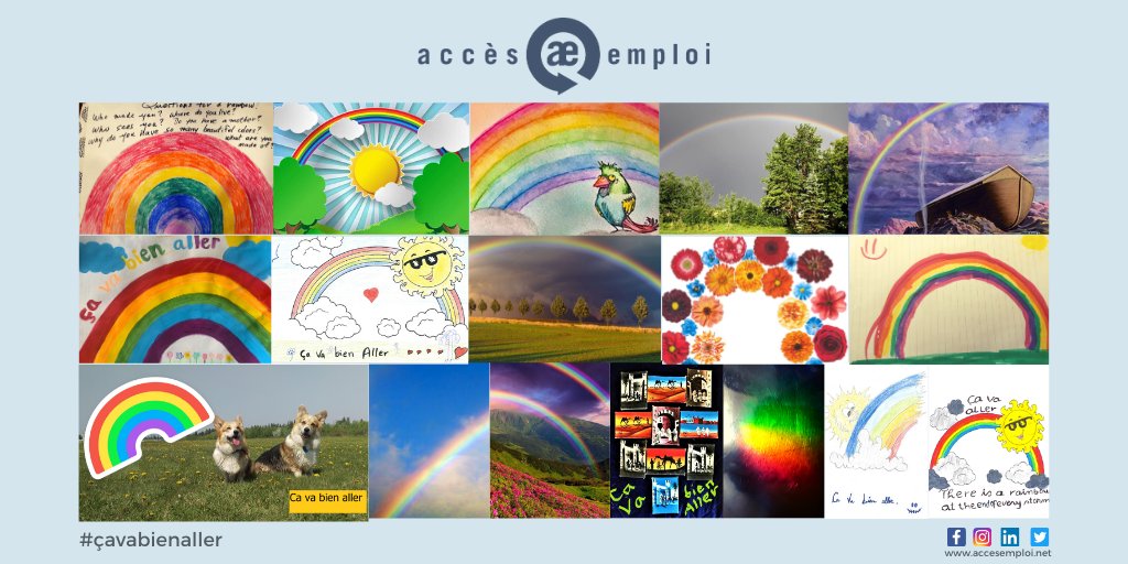 Pour remplir les réseaux sociaux d’images positives, Accès Emploi lance un défi à tous de bricoler, dessiner et/ou colorier des arcs-en-ciel avec les mots #çavabienaller . 

Nous défions @LeCDEA, <a href="/ACFAAB/">ACFA</a>, <a href="/FRAPlurielle/">Francophonie Albertaine Plurielle</a>, <a href="/AJEFA/">AJEFA</a> 

#Frab  #Yeg #restezchezvouschallenge #COVID19