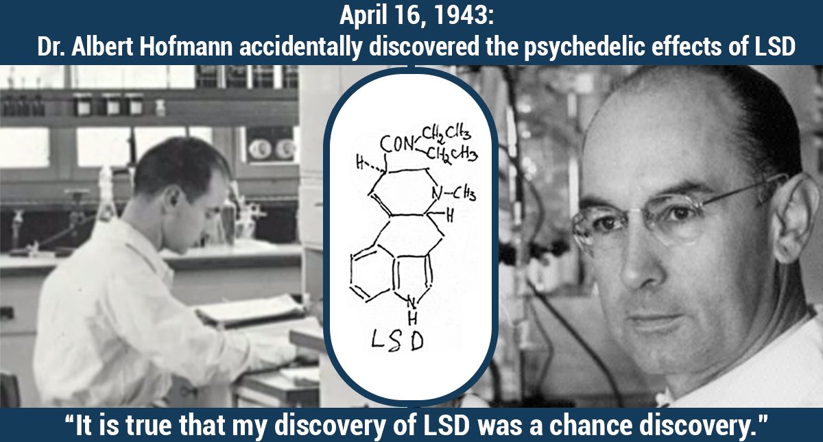 MAPS on Twitter: "Today in psychedelic history, Dr. Albert Hofmann discovered the #psychedelic effects of #LSD (lysergic acid diethylamide) through accidental exposure to the substance on April 16, 1943. Three days later,