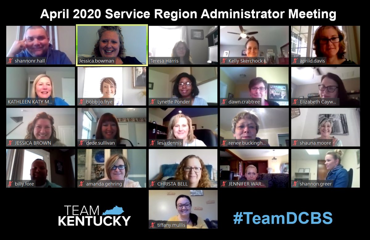 KyDCBS's tweet photo. Our SRAs + leadership are virtually meeting this afternoon. They manage regional staff + services to provide better outcomes for families. They + their teams have become so resourceful during this emergency. Thank you for your dedication!
#TeamKentucky #TeamDCBS #HealthyAtHome https://t.co/SoRoyp2EOA