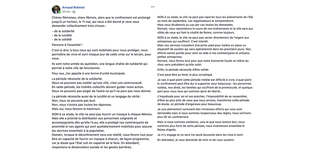 VilledeReims's tweet photo. Retrouvez un message d'@ArnaudRobinet, Maire de Reims, adressé aux Rémoises et aux Rémois concernant l'épidémie de #Covid19. https://t.co/vNwG9KFQmS