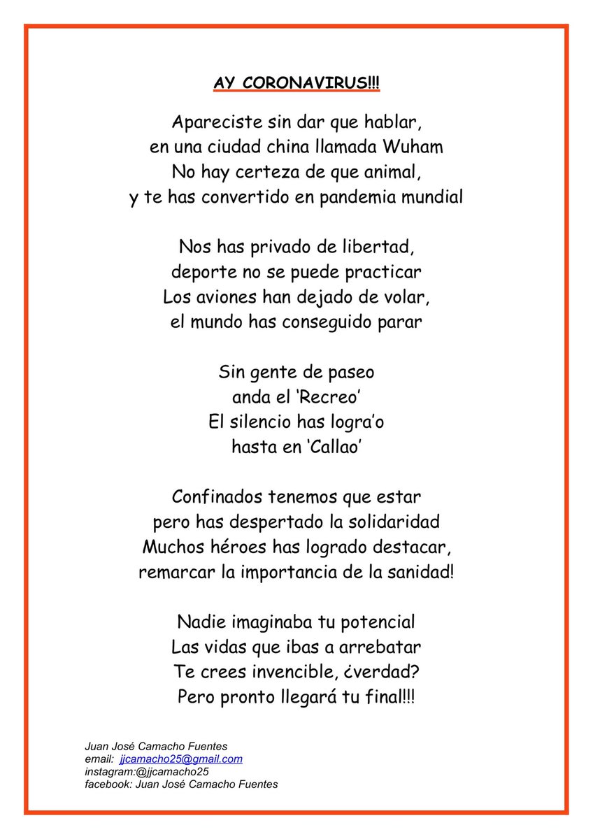 jjcamacho25's tweet photo. Quiero compartir con tod@s vosotr@s este 'poema' sobre el coronavirus y la situación actual que estamos viviendo tod@s   
Espero que os guste, podéis compartirlo si queréis (acepto crítica) deja tu comentario 
#covid19 #YoMeQuedoEnCasa #estevirusloparamosunidos #coronavirus https://t.co/iqoEb0cohI