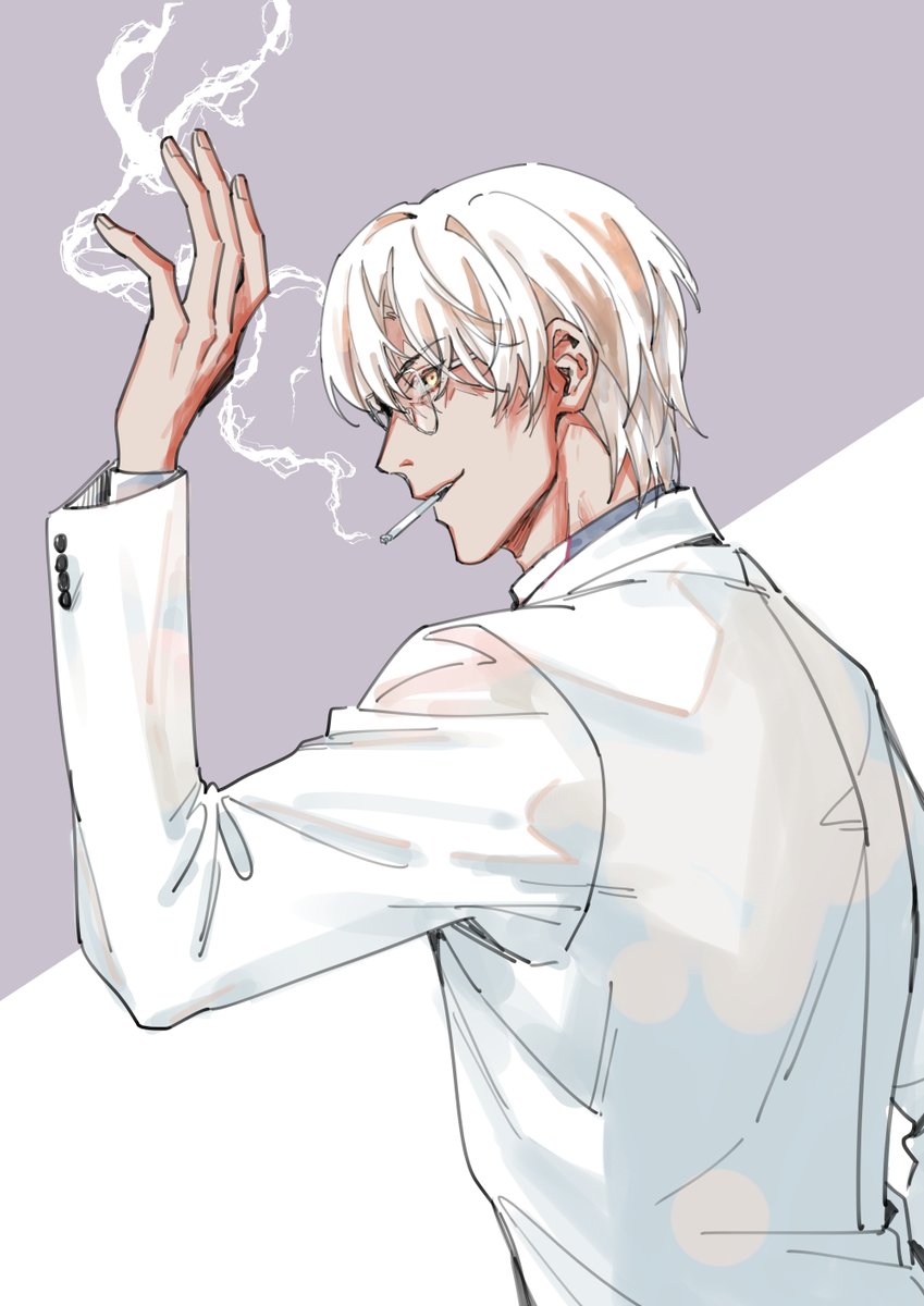 1boy male focus cigarette white hair glasses solo smoking  illustration images