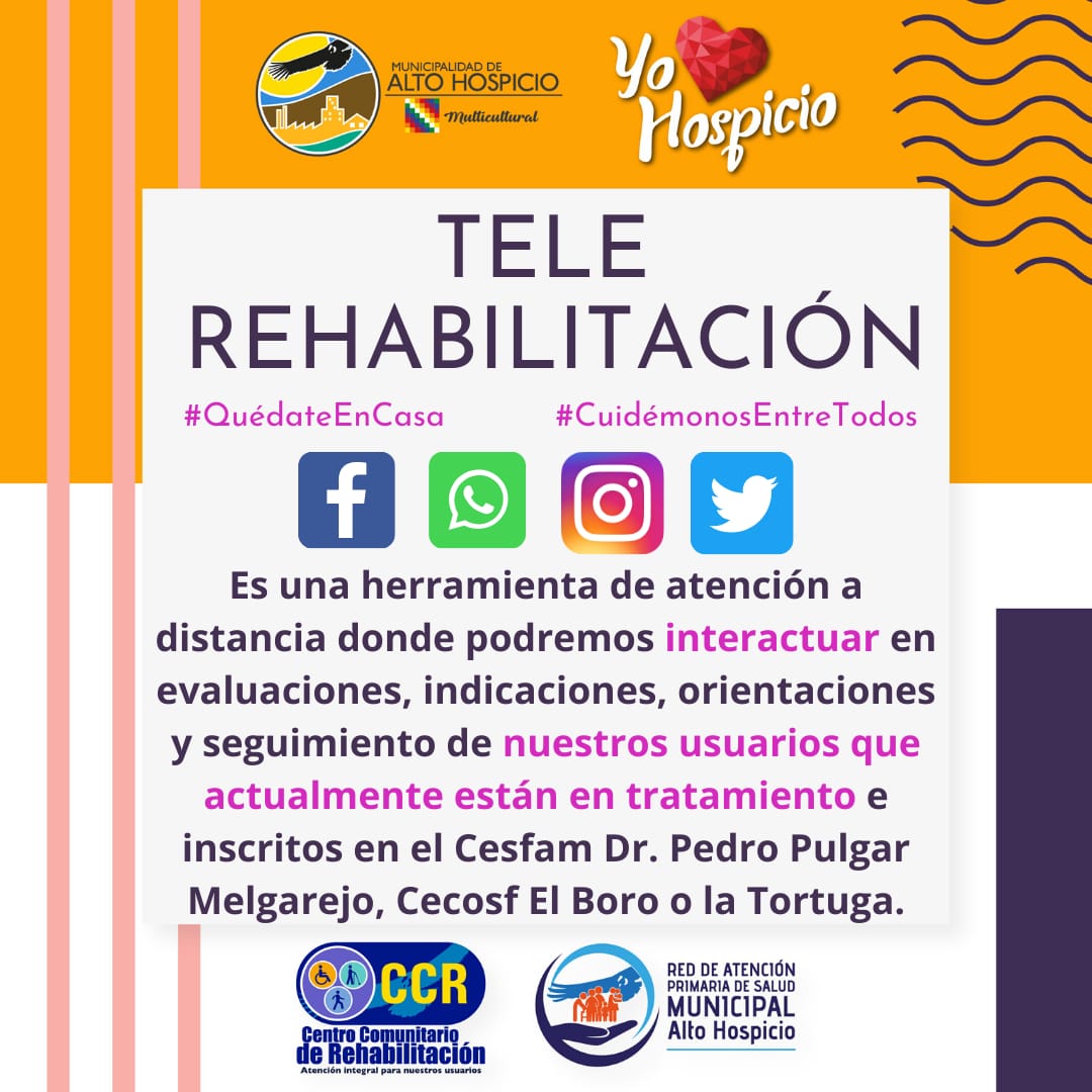 CCRAltoHospicio's tweet photo. Actualmente nos encontramos brindando atención médica, kinésica, de terapia ocupacional y trabajo social a todos nuestros usuarios, llevando la rehabilitación a sus hogares en esta cuarentena por #Covid19, además de acompañamiento psicoemocional.
#QuedateEnCasa
#CCRTeCuida https://t.co/qZVKsOCk9H