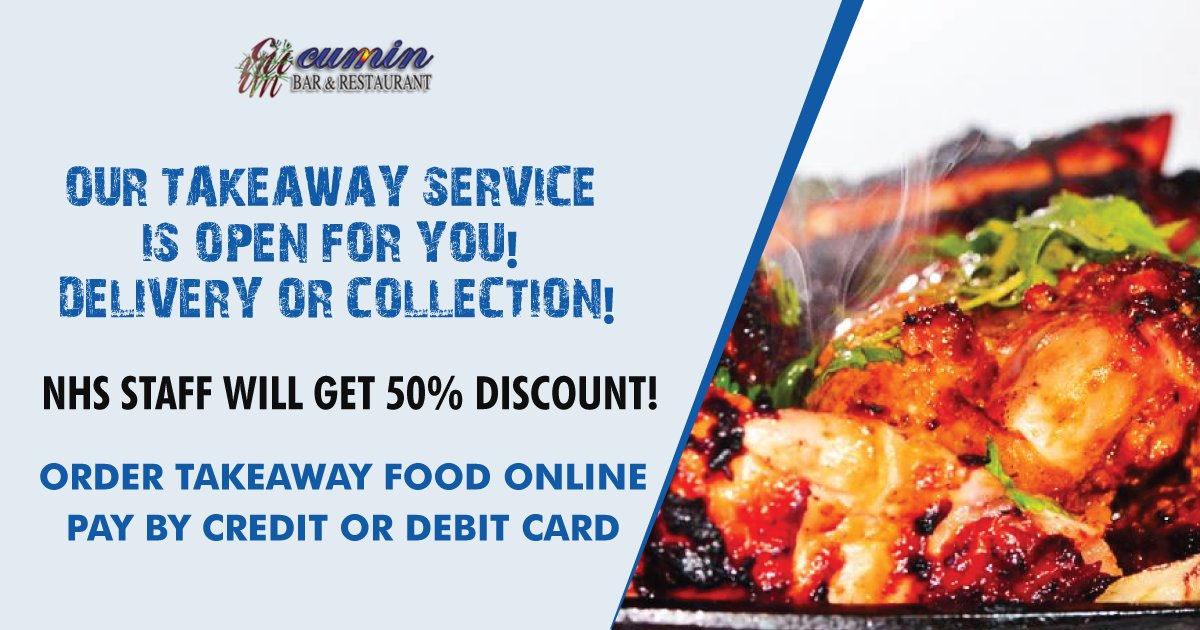 cuminbar's tweet photo. COVID-19 – An update from Cumin Bar &amp; Restaurant

We are open for you!

Order your takeaway online and pay by credit debit card.
NHS staff will get 50% discount!

https://t.co/mqwuKpdk2E

#StayHome
#StaySafe
#FightCOVID19 https://t.co/cC7Su8TCPD