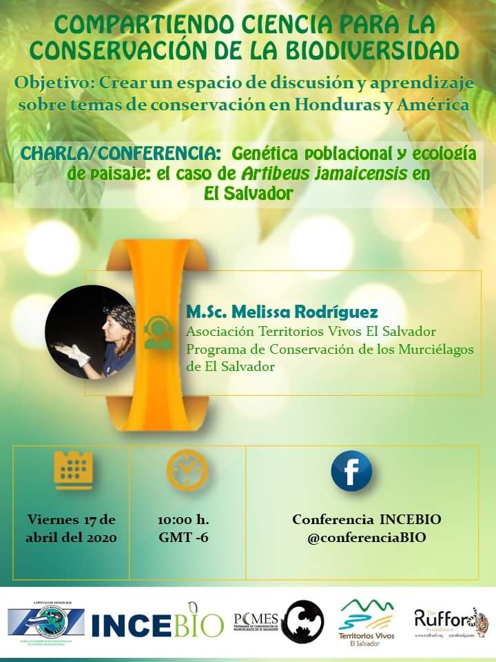 PCMElSalvador's tweet photo. Te invitamos a que participes al #Webinar organizado por INCEBIO donde la compañera bióloga @MelissaERodrgu1 
hablará sobre la aplicación de la genética y ecología de paisaje en el estudio de #murciélagos en el #ElSalvador 
#QuédateEnCasa 
#PCMES

@MedioAmbienteSV @AgriculturaSV https://t.co/sYpJoPlhp8
