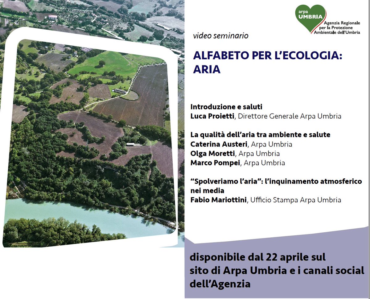 Il 22 aprile prendono il via i seminari-video "Alfabeto per l'ecologia". Il primo appuntamento sarà dedicato all'aria. Vi aspettiamo in rete...
arpa.umbria.it/articoli/semin…