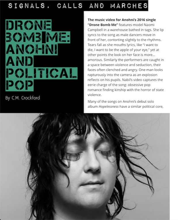 norecessmag's tweet photo. SIGNALS, CALLS, AND MARCHES // Drone Bomb Me: Anohni and Political Pop by C.M. Crockford, @stoneryeats  

We're still rolling out features from Issue 1.1 (that's how many there are!) Buy the issue now!

https://t.co/fLs7koWAAs
#politicalmusic #politicalpop @rebismusic https://t.co/EkmJlcODe6