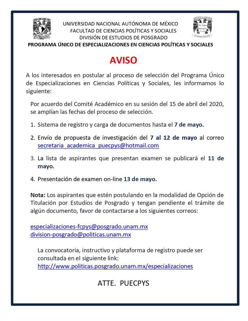 UNAM_FCPyS's tweet photo. 📣 AVISO AMPLIACIÓN DE FECHAS DEL PROCESO DE SELECCIÓN 📣
Especializaciones en Ciencia Política
#FCPYS #DEP #PUECPYS https://t.co/yGR3t6B2BZ