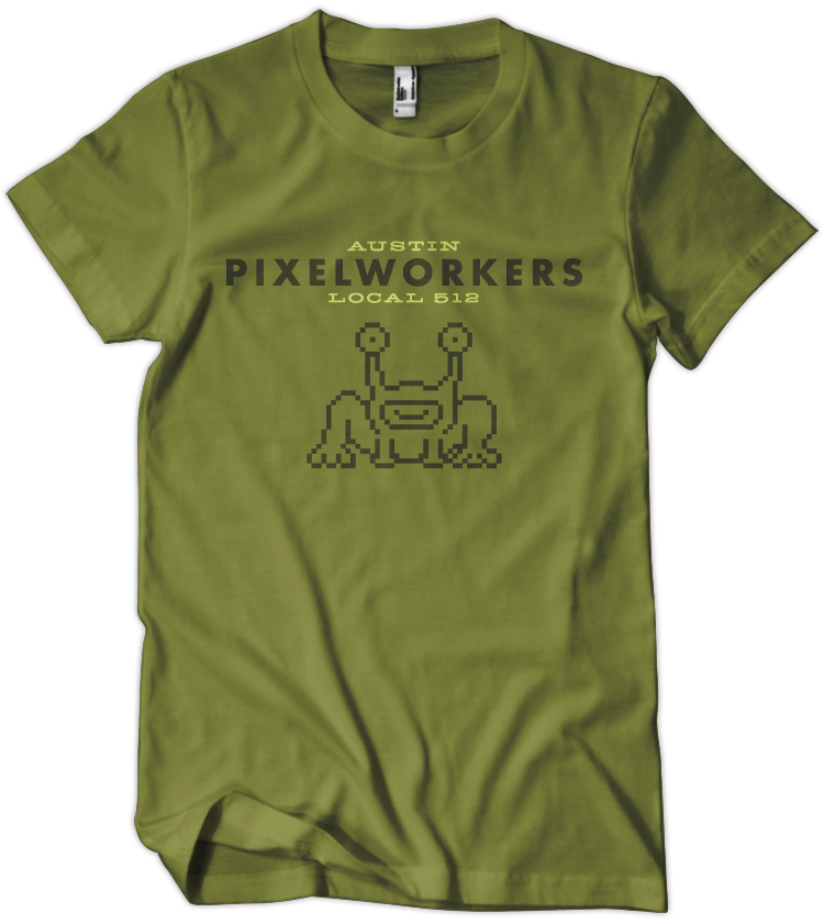 pixelworkers's tweet photo. @joelgoodman Will keep that in mind for the future! The original Austin tee we did was green on green. It got C&amp;D because we referenced the frog. https://t.co/hgt6PstUZP