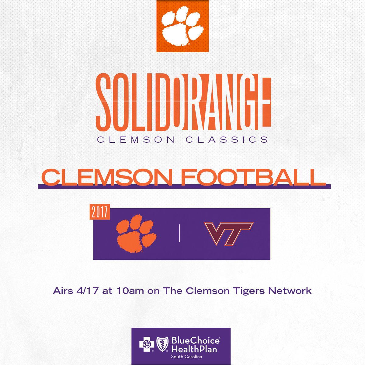 ClemsonTigers's tweet photo. 🚨INSTANT CLASSICS 🚨

Today we’ve got the 2017 @clemsonfb matchup against Virginia Tech presented by BlueChoice Healthplan‼️

📻 Tune in on the Clemson Tigers Network or listen live at https://t.co/Sfyxt09bCu https://t.co/CIslkHutho