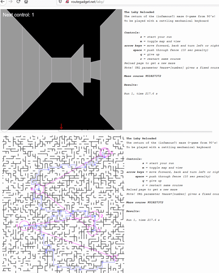 I re-wrote with js/html5 my old maze O game from late 80's (early 90's?) originally written for C64/PC. To be played with loud rattling keyboards only, of course!
 min  #orienteering #suunnistus
routegadget.net/laby/