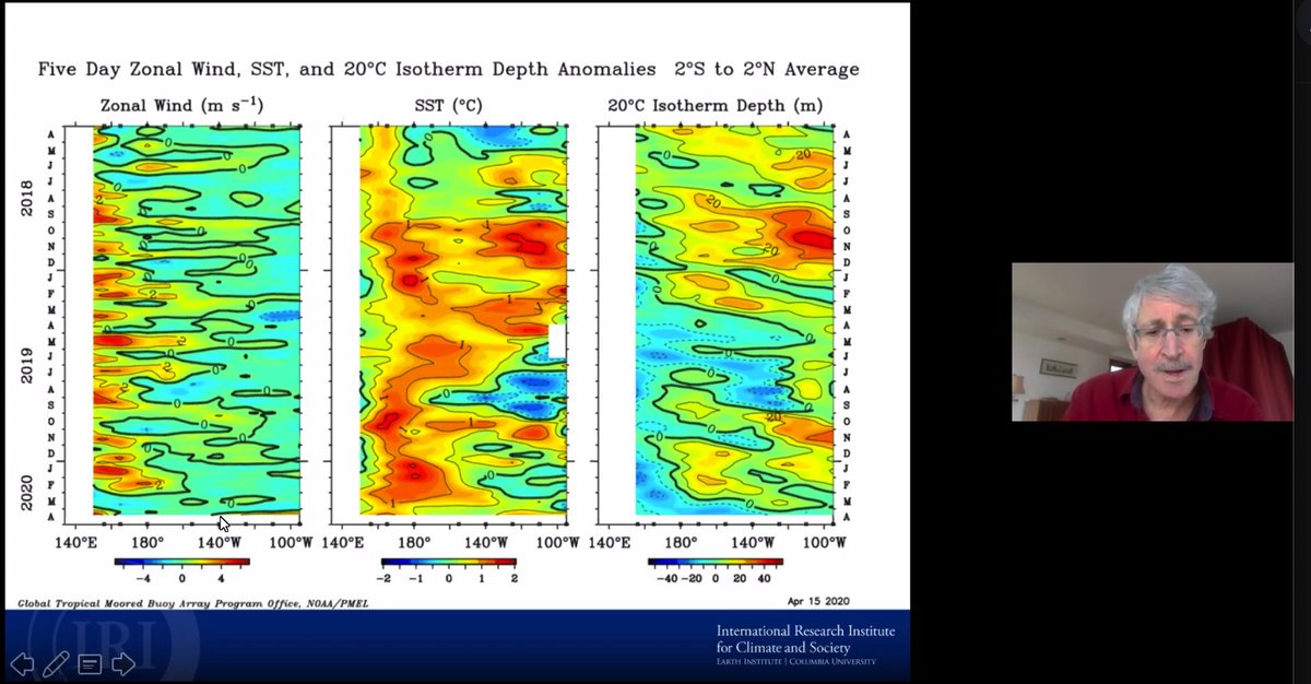 wxpizza's tweet image. Too early to tell if the emerging zonal wind burst (bottom left edge of zonal wind panel), will act as a trigger to boost #ElNino conditions, says #Barnston. #iriforecast