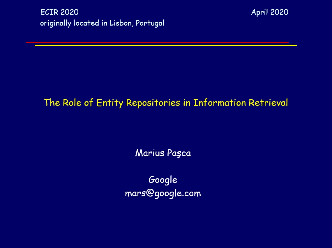 ecir2020's tweet photo. Did you enjoy #ecir2020 tutorials? "The Role of Entity Repositories in Information Retrieval"; "Principle-to-program: neural methods for similar question retrieval in online communities", "Text Meets Space: Geographic Content Extraction, Resolution and Information Retrieval" https://t.co/eydvacISJj