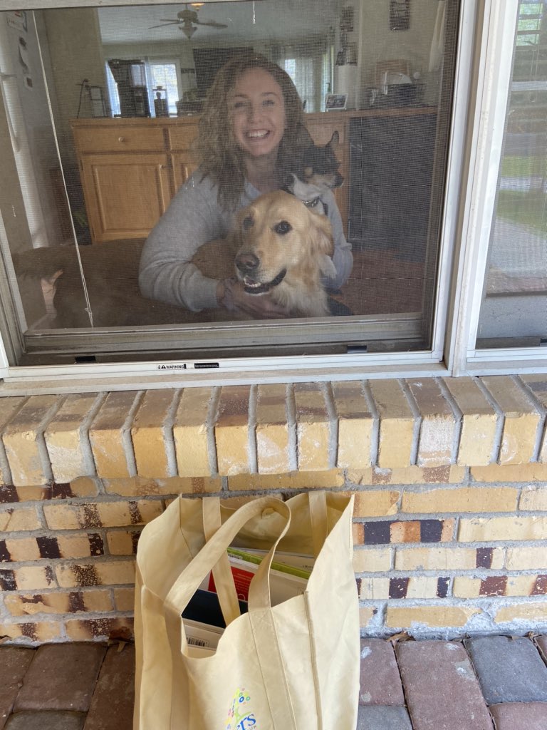 Mrs_SoperEL's tweet photo. Highlights of my day: 1. Swapping out bags of read alouds with @Ms_Elam1st and @seigelsfirsties 2. Meeting these sweethearts through the window🐶 @ParkadePanthers https://t.co/lr9uJvBR0J