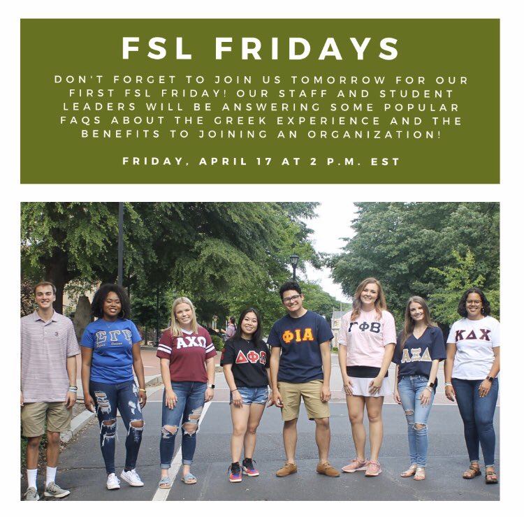 Don't forget to join us tomorrow in our Insta story at 2 p.m. EST for our first FSL Friday!

Our staff and student leaders will be answering some popular FAQs about the Greek experience and the benefits to joining! #fraternityandsororitylife #uofsc #uofsc24 #classof2024