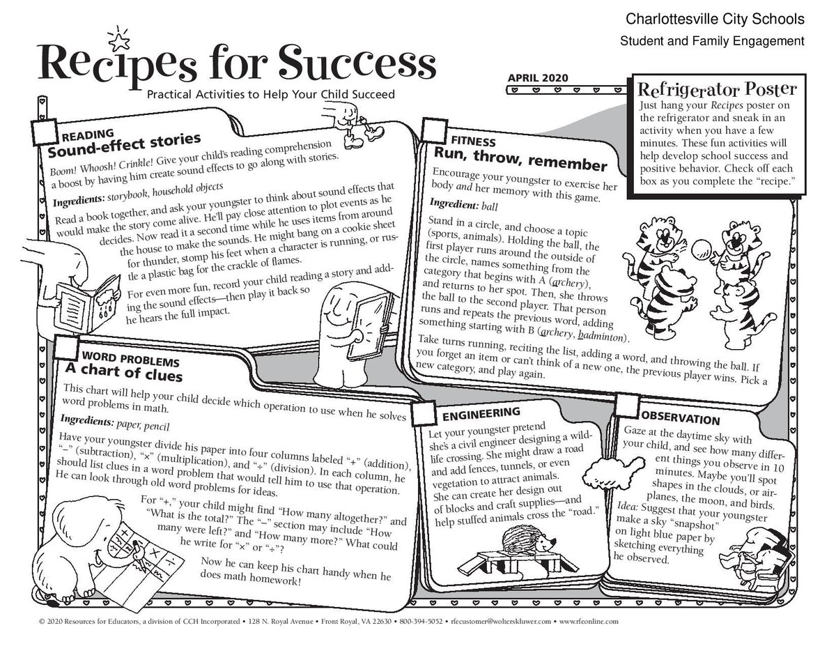EngageFamCCS's tweet photo. Here is April's Recipes for Success both in English and Spanish! Let us know which activity you enjoyed the most :) #CCSSFE @CvilleSchools https://t.co/YHdaBEOG83