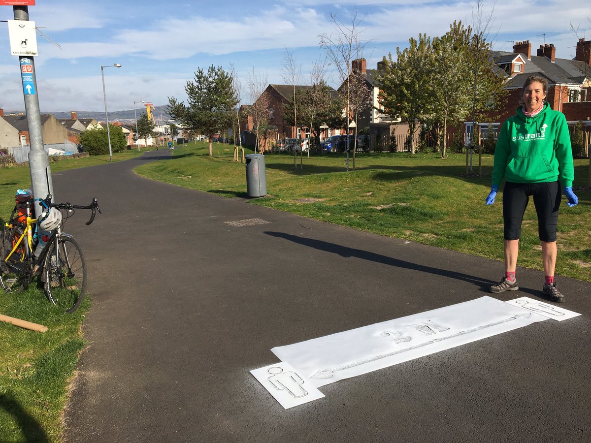 WWCTrustNI's tweet image. A good day’s work: 2 cyclists (keeping safe distance) + 2 spray cans + 1 stencil = 2 metre message from Belfast to Comber ⁦@belfastcc⁩ ⁦@lisburnccc⁩  ⁦@ANDborough⁩ ⁦@deptinfra⁩ ⁦@publichealthni⁩ #keepsafekeepActive