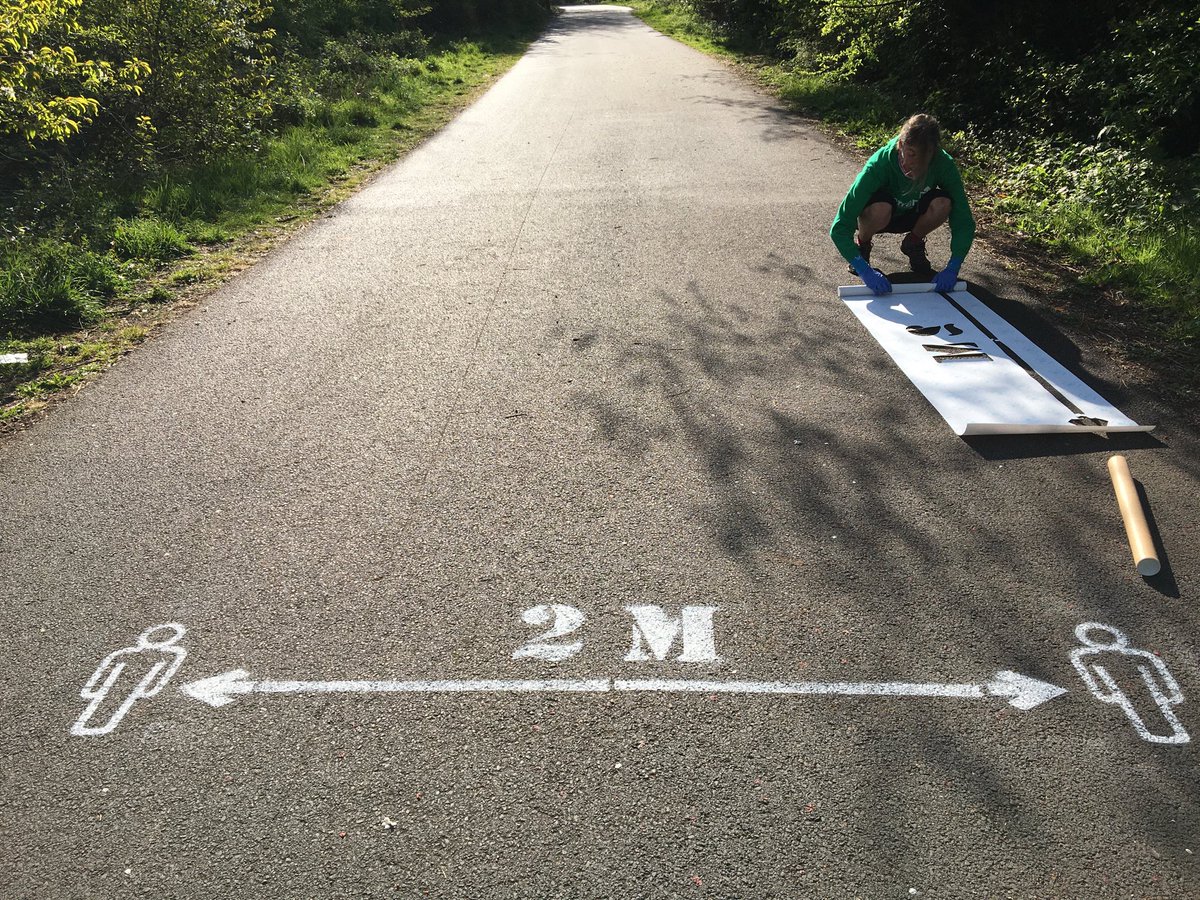 WWCTrustNI's tweet image. A good day’s work: 2 cyclists (keeping safe distance) + 2 spray cans + 1 stencil = 2 metre message from Belfast to Comber ⁦@belfastcc⁩ ⁦@lisburnccc⁩  ⁦@ANDborough⁩ ⁦@deptinfra⁩ ⁦@publichealthni⁩ #keepsafekeepActive