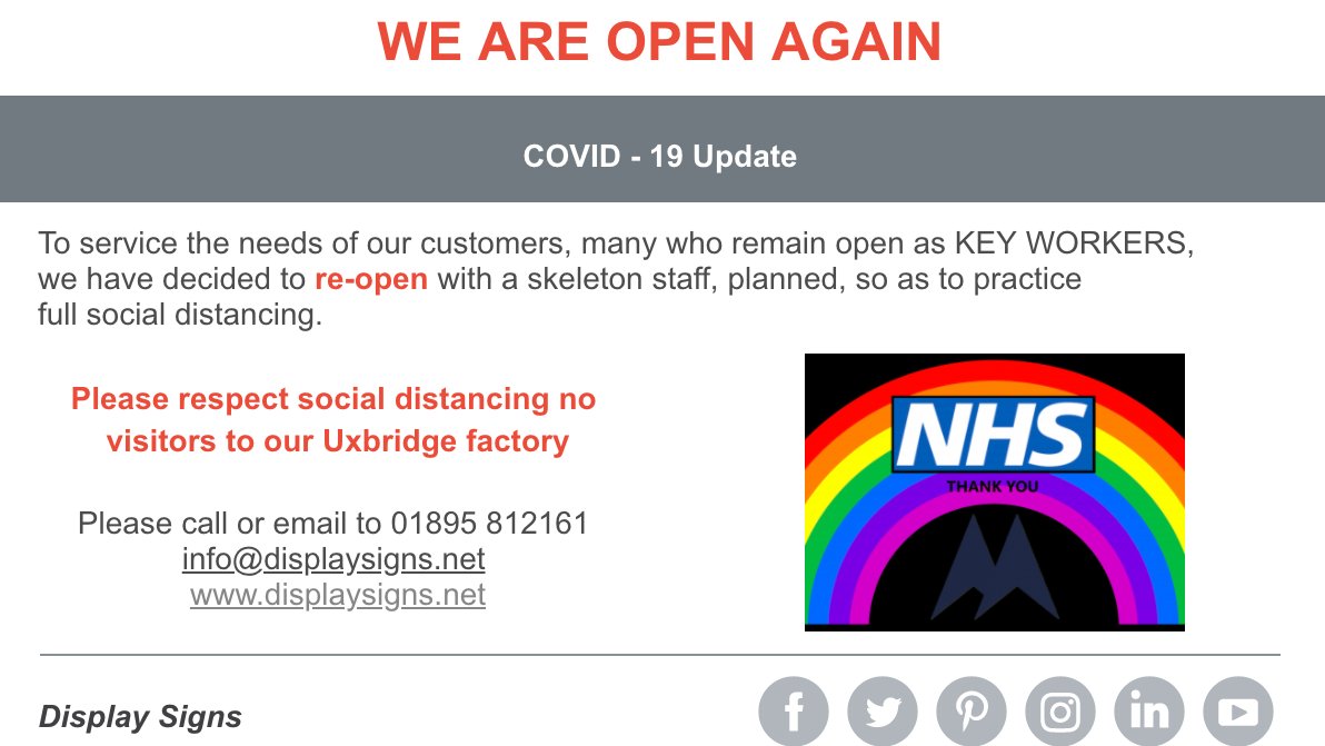 displaysigns's tweet photo. We are OPEN again!
#clapforourkeyworkers #COVID19 #reopening #displaysigns #London #signmaker #signwriter #signs #signage #factory https://t.co/zy0N7x5BOp