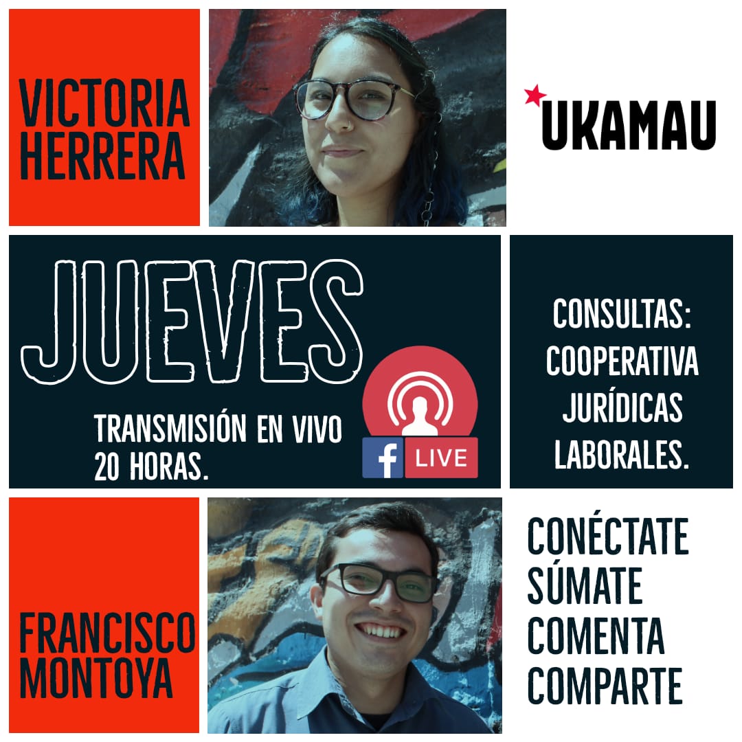 Nuestra vocera <a href="/_VictoriaH__/">Victoria Herrera</a> y nuestro compañero @franciscomf90 estarán en Facebook Live. Hablarán respecto a: <a href="/CopamChile/">COPAM Chile</a>  y consultas jurídicas laborales. A las 20.00 hrs por nuestra página UKAMAU #Ukamau  #Chile #CoronaVirusEnChile #Covid19Chile <a href="/doris_gonzalez_/">Doris Gonzalez</a> <a href="/Stefiduarte2/">Stephanie Duarte Moreno</a>