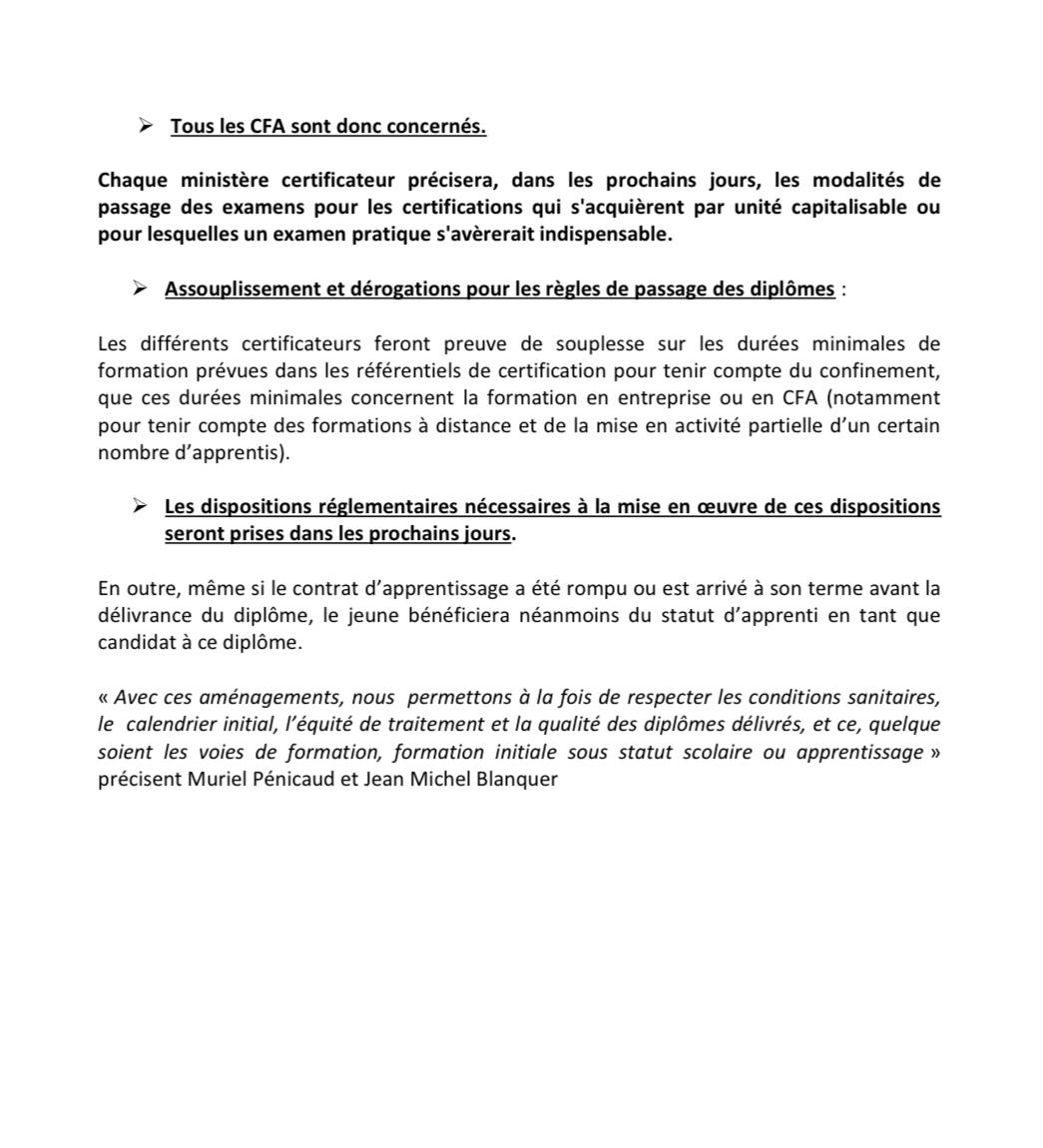 murielpenicaud's tweet photo. Les apprentis pourront passer leur diplôme. Avec @jmblanquer nous avons décidé d’aménager l’organisation des diplômes selon les modalités du contrôle continu. 
Nous respectons:
✅ Conditions sanitaires
✅ Calendrier initial
✅ Équité de traitement
✅ Qualité des diplômes
#covid19 https://t.co/6ipzi2nWEi