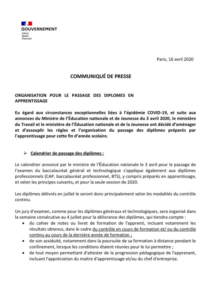 murielpenicaud's tweet photo. Les apprentis pourront passer leur diplôme. Avec @jmblanquer nous avons décidé d’aménager l’organisation des diplômes selon les modalités du contrôle continu. 
Nous respectons:
✅ Conditions sanitaires
✅ Calendrier initial
✅ Équité de traitement
✅ Qualité des diplômes
#covid19 https://t.co/6ipzi2nWEi