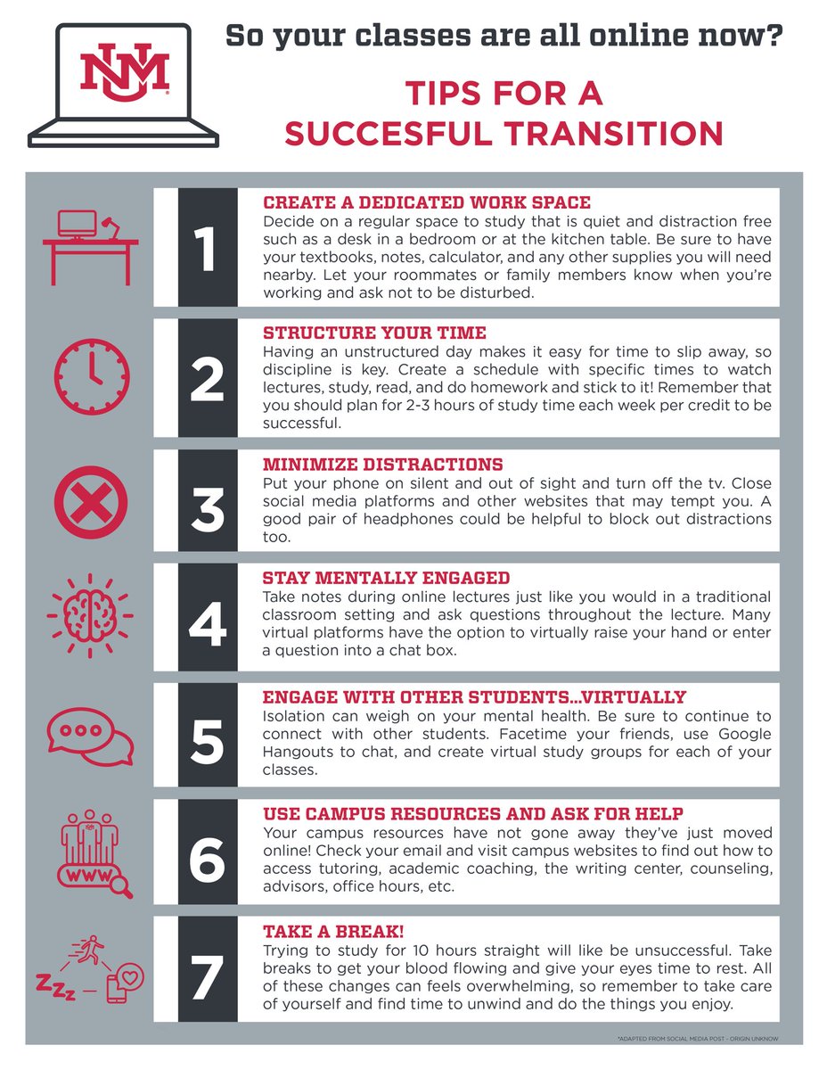 UNMCEP's tweet photo. Hey Lobos, we hope y’all are staying healthy and finding something positive in this new transition. If you are having trouble maintaining focus or staying motivated, here are some tips to make this new transition a successful one. Stay safe, and feel free to reach out. https://t.co/WHTT7VL3Mv