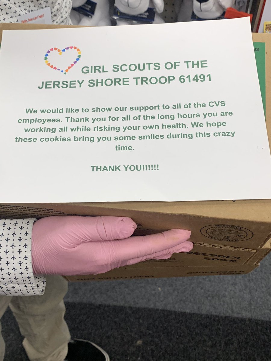 Blawlor15's tweet photo. The Girl Scouts of the jersey shore troop 61491 dropped off cookies. To thank us for being there for our customers #3stays #cvsfrontline @Blawlor15 @AllissaKircher @katkingston2 @joe_serpi https://t.co/Ywt3bMAWdt
