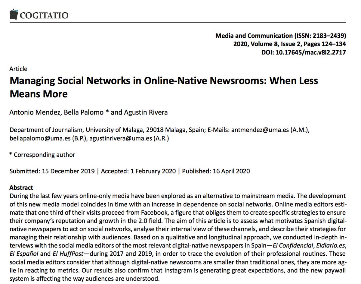 bellapalomo's tweet photo. Analyzing the way @eldiarioes @elconfidencial @elespanolcom and @ElHuffPost manage their social networks was an amazing and a very constructive challenge. Open access: https://t.co/EGfyUCELZO. Thanks for launching this special issue @rsalaverria @CogitatioMaC #digitalnativemedia https://t.co/0cwid57SjP