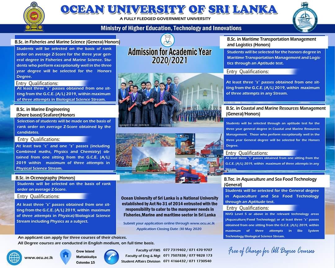 Ocean University is calling applications for Intake 2020/2021.
#oceanunitstudy #marinescience #fisheries #maritime ##marineengineering #oceanology
#degreecourses #degree 
coursenet.lk ocu.ac.lk