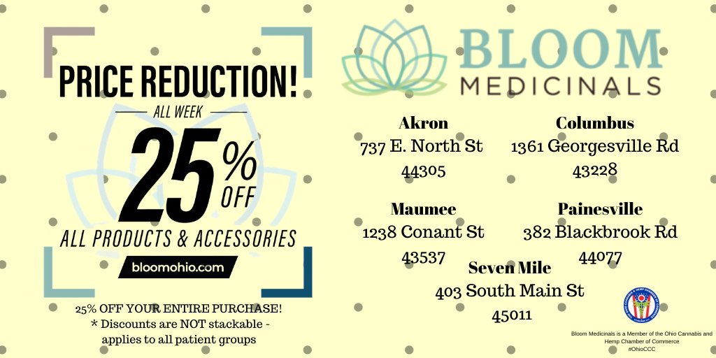 ccc_ohio's tweet photo. 🤩WHOA! 25% ENTIRE PURCHASE at Bloom Medicinals?!? 

#OhioCCC #Sale #BloomOhio #MedicalCannabis #Patients #Ohio #OMMCP #THC #CBD #Terpenes #Cannabinoids #PlantMedicine #VapeOnly https://t.co/HCMMjzrBPi