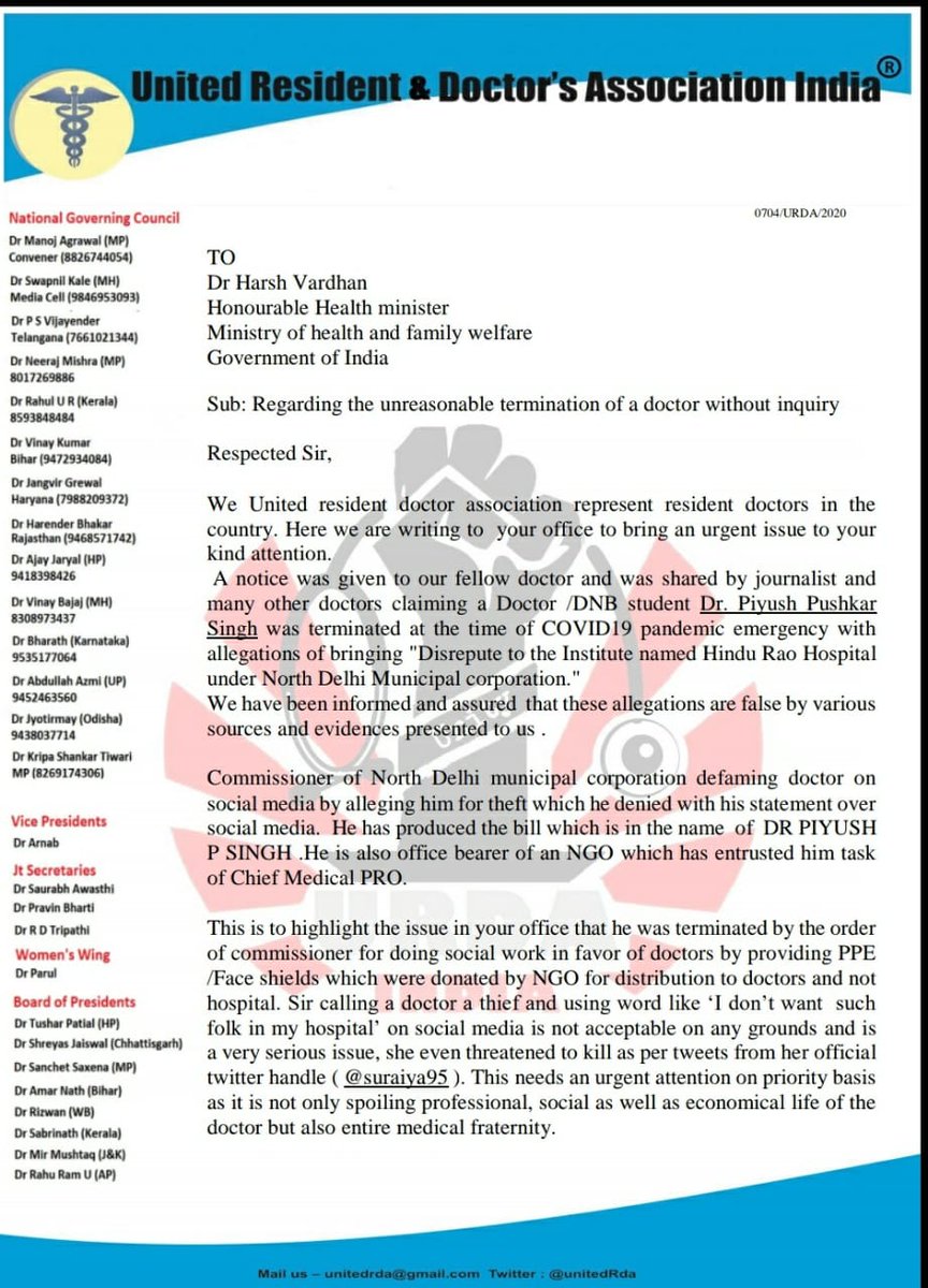 UnitedRda's tweet photo. Hon. (@drharshvardhan )
A DNB student &amp; doctor was defamed, harassed &amp; terminated by @NorthDmc commissioner @suraiya95
&amp; Other administrators of Hindurao hospital just because he was doing social work after his duty as #Coronawarrior. Please revert the orders &amp; initiate inquiry https://t.co/j19vjIlDVh