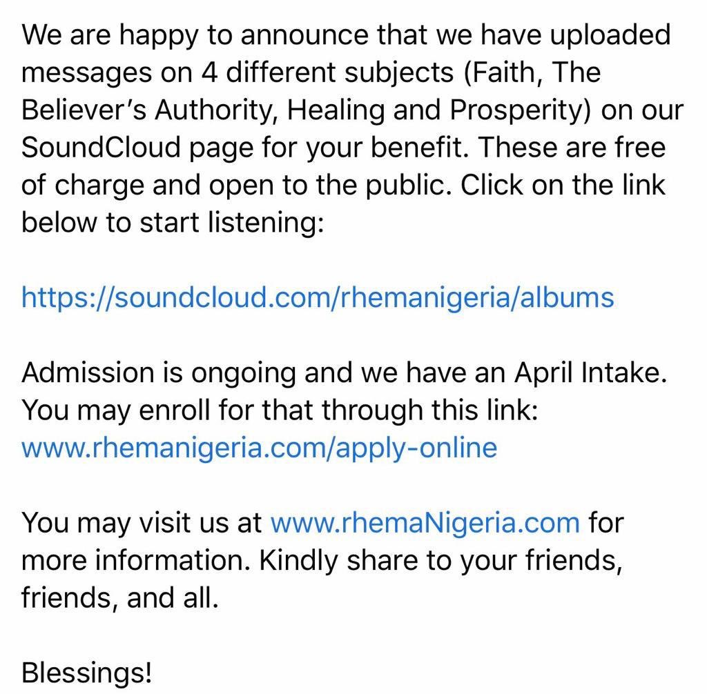 ToksAdejuwon's tweet photo. FREE ONLINE CLASSES TO BUILD FAITH 

(Kenneth Hagin’s) Rhema Bible Training Centre Nigeria is offering 12 hours of sound teaching on each of these subjects: Faith, Healing, The Believer’s Authority, and Prosperity free of charge on 

https://t.co/faLTMhcZ8x https://t.co/GScZX6v5So