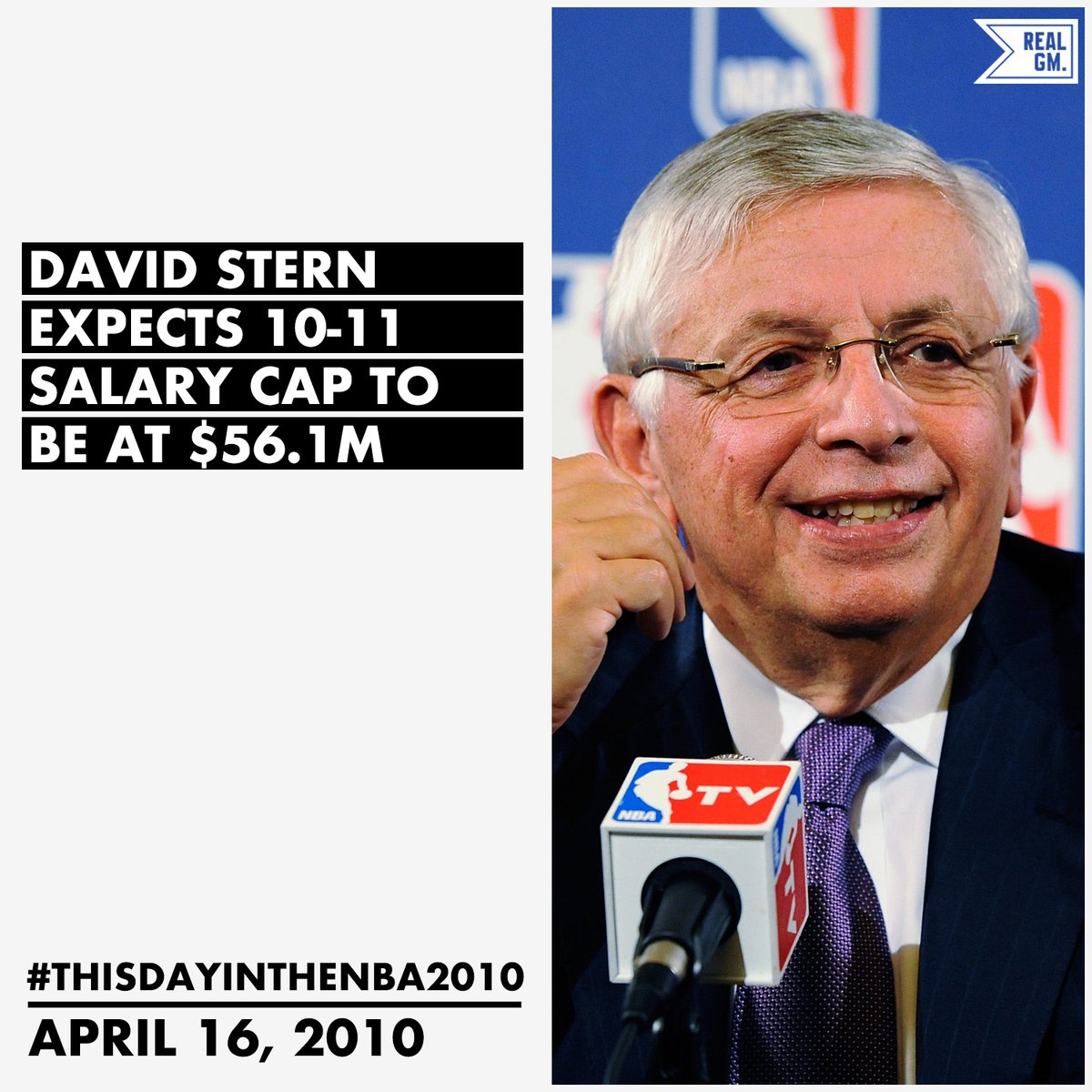  #ThisDayInTheNBA2010April 16, 2010David Stern Expects 10-11 Cap To Be At $56.1M https://basketball.realgm.com/wiretap/203333/David-Stern-Expects-10-11-Cap-To-Be-At-$561M