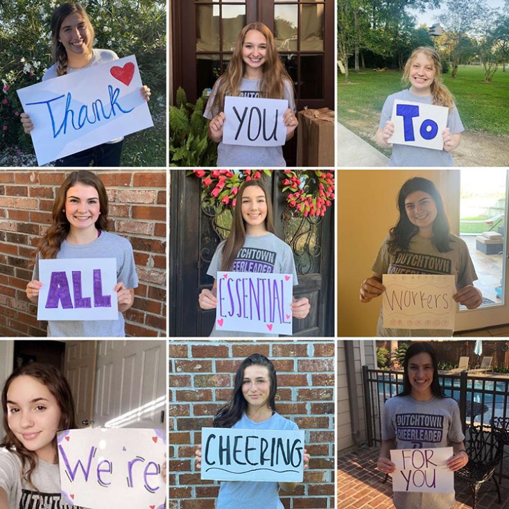 VarsitySpirit's tweet photo. Essential workers, the @DTHScheer team is cheering for 𝗬𝗢𝗨! #VarsitySpiritCares #SpiritMatters https://t.co/kjcsh65TnP